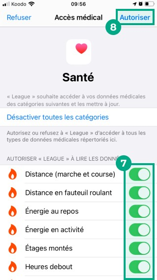 écran de partage d'informations sur les points de données de l'iphone avec les boutons à bascule et le bouton d'autorisation en surbrillance