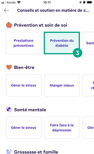 Le bouton de prévention du diabète est mis en évidence dans l'écran de conseils et d'assistance de l'application League sur la santé