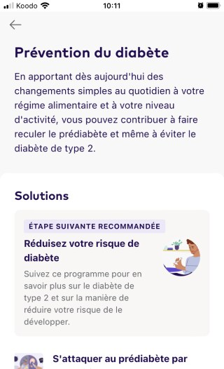 Écran montrant les détails des solutions de prévention du diabète