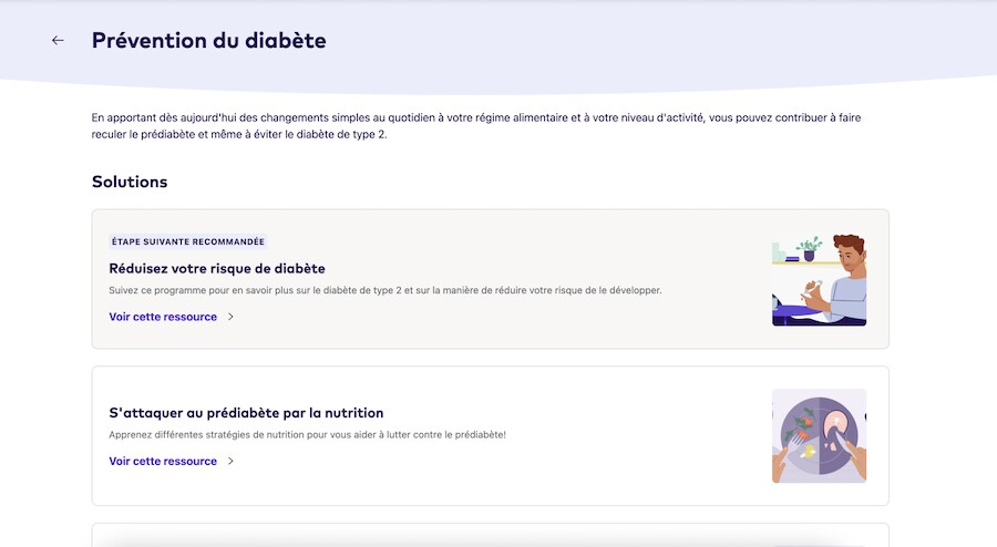 Écran montrant les détails des solutions de prévention du diabète
