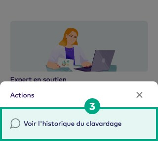 Écran Get Care sur l'application mobile League avec le bouton Afficher l'historique des discussions en surbrillance