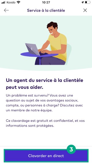 Démarrer le bouton de chat en direct mis en surbrillance dans l'écran de chat du service client