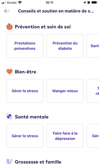 Conseils de santé et écran d'assistance dans l'application League