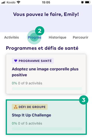 Onglet de progression de l'écran Parcours avec le bouton Afficher les détails en surbrillance sur l'application League