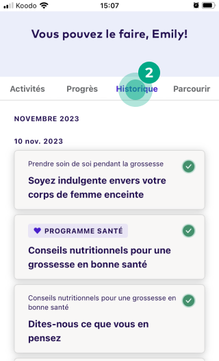 Onglet de progression du parcours de l'application League avec le bouton Afficher tout en surbrillance