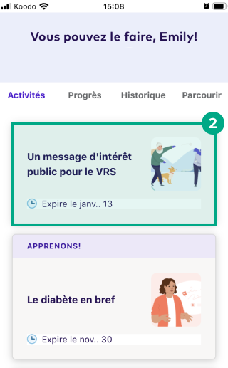 Onglet Activités de parcours avec une activité en surbrillance sur l'application League