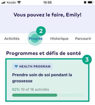 Onglet de progression de l'écran Parcours avec le bouton Afficher les détails en surbrillance sur l'application League