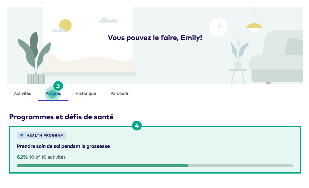 Écran de voyage sur le site Web de la Ligue avec l'onglet de progression en surbrillance