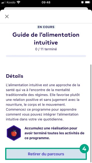 Écran de détail du programme avec le bouton Supprimer du parcours mis en évidence sur l'application League