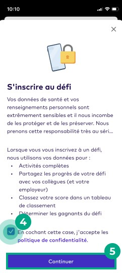 Inscrivez-vous pour un écran de non-responsabilité des données de défi avec la case à cocher et le bouton continuer en surbrillance