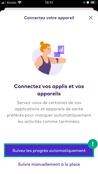 Connectez l'écran de défi de votre appareil avec le bouton suivre automatiquement la progression en surbrillance