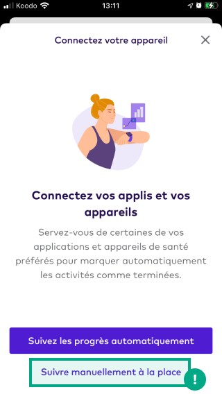 Connectez l'écran de défi de votre appareil avec le bouton de suivi manuel à la place en surbrillance