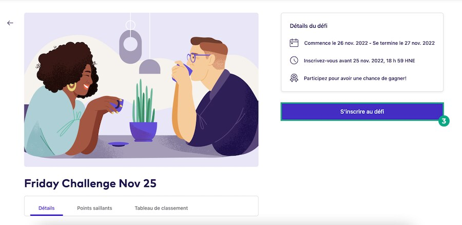 Écran des détails du défi avec le bouton d'inscription au défi en surbrillance