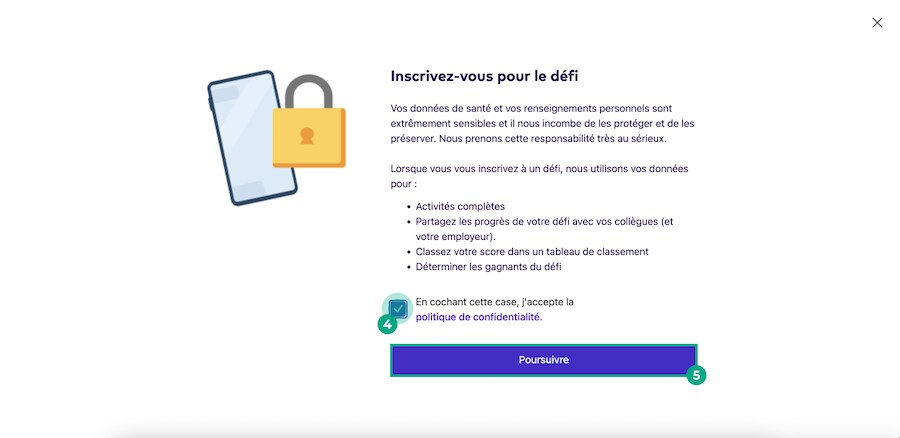 Écran de non-responsabilité des données de défi avec la case à cocher et le bouton Continuer en surbrillance