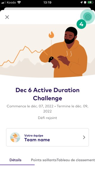 Écran des détails du défi sur l'application League avec l'icône d'engrenage en surbrillance