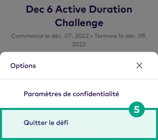 Écran d'options avec le bouton quitter le défi en surbrillance