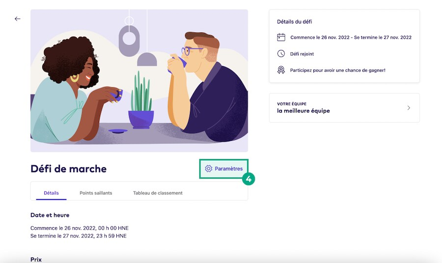 Écran des détails du défi avec les boutons de réglage mis en surbrillance sur le site Web de la Ligue