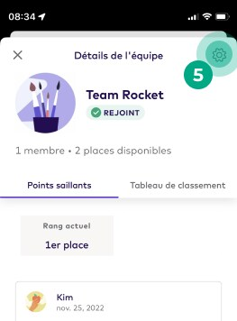 Écran des détails de l'équipe du défi avec l'icône d'engrenage en surbrillance