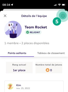 Écran des détails de l'équipe du défi avec l'icône d'engrenage en surbrillance