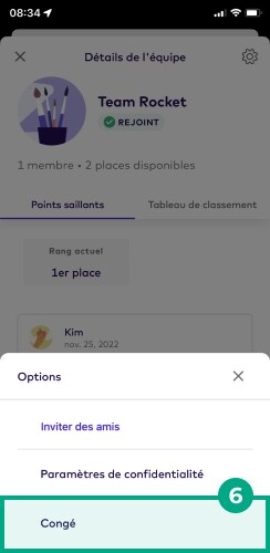 Écran d'options avec le bouton Quitter en surbrillance