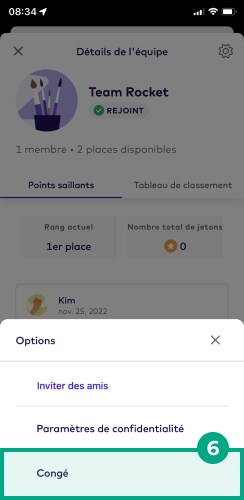 Écran d'options avec le bouton Quitter en surbrillance