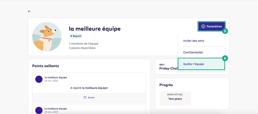 Écran des détails de l'équipe avec le bouton Quitter l'équipe en surbrillance
