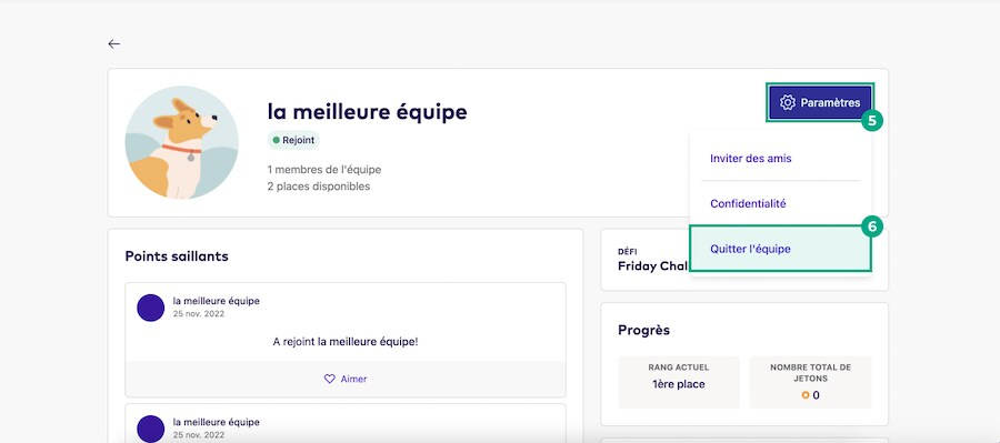 Écran des détails de l'équipe avec le bouton Quitter l'équipe en surbrillance