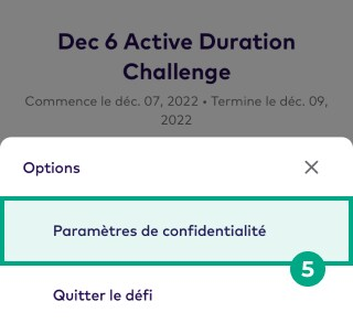 Écran des options avec le bouton de réglage de la confidentialité en surbrillance