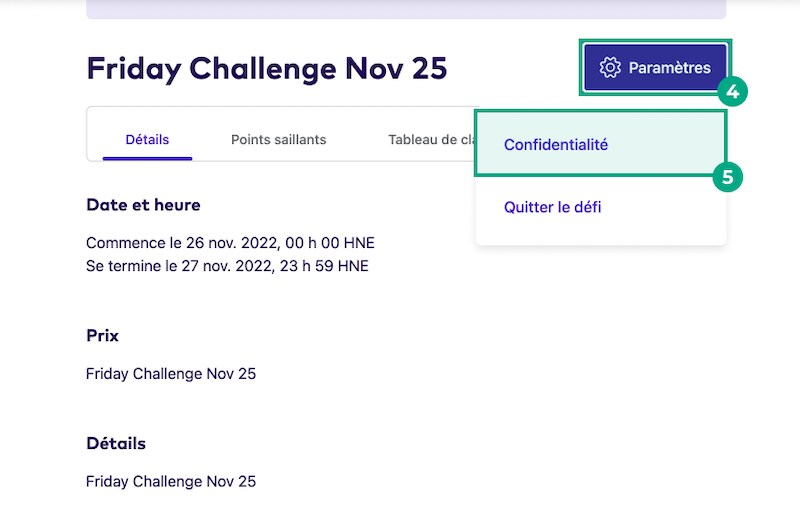 Écran des détails du défi avec les boutons de réglage et de confidentialité en surbrillance