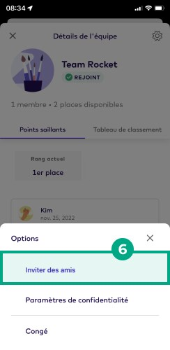 Menu des options avec le bouton Inviter des amis en surbrillance