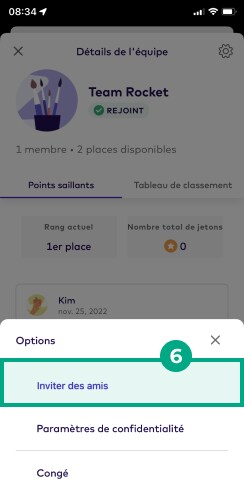 Menu des options avec le bouton Inviter des amis en surbrillance