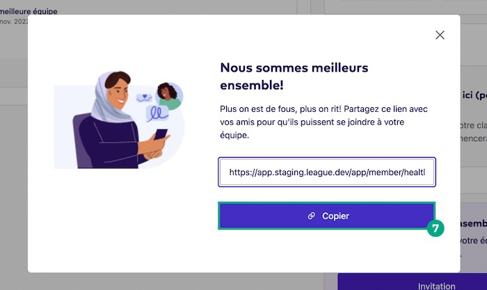 Copier l'écran du lien d'invitation de l'équipe
