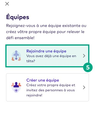 Écran d'équipe avec le bouton Rejoindre une équipe en surbrillance