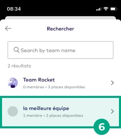 Résultats de la recherche avec un nom d'équipe en surbrillance