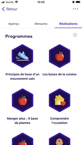 Écran des réalisations sur l'application League