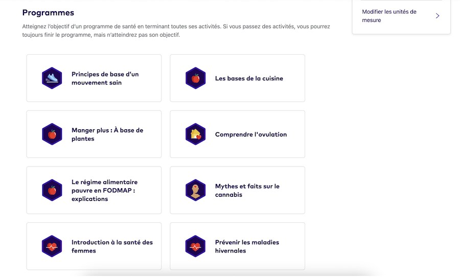 Écran des programmes sur le site Web de la Ligue