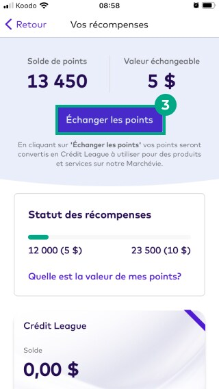 Votre écran de récompenses avec le bouton d'échange de points en surbrillance