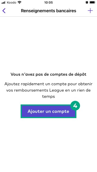 Écran d'informations bancaires sur l'application League avec le bouton Ajouter un compte en surbrillance