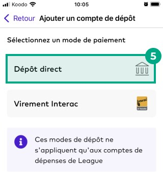 Écran Ajouter un compte de dépôt sur l'application League avec l'option de dépôt direct en surbrillance