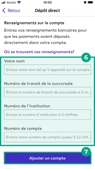 Écran de dépôt direct sur l'application de la ligue avec les champs et le bouton d'ajout de compte en surbrillance