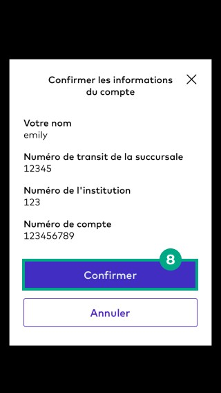 Confirmer l'écran des informations du compte de dépôt direct avec le bouton de confirmation mis en surbrillance sur l'application de la ligue