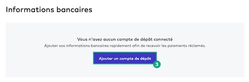 Page d'informations bancaires sur le site Web de la Ligue avec le bouton Ajouter un compte de dépôt en surbrillance