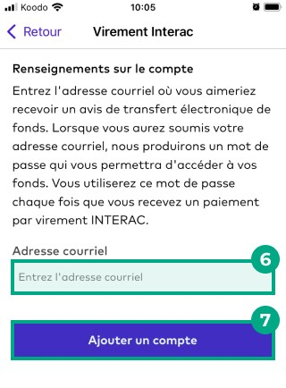 Écran de virement électronique Interac sur l'application de la ligue avec le champ d'adresse e-mail et les boutons d'ajout de compte en surbrillance