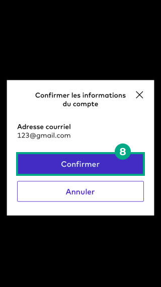 Confirmer l'écran des informations du compte de dépôt direct avec le bouton de confirmation mis en surbrillance sur l'application de la ligue