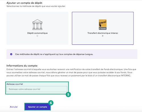 Écran de virement Interac sur le site Web de la ligue