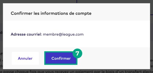 Fenêtre contextuelle de confirmation des informations de compte sur le site Web de la ligue avec le bouton Confirmer en surbrillance