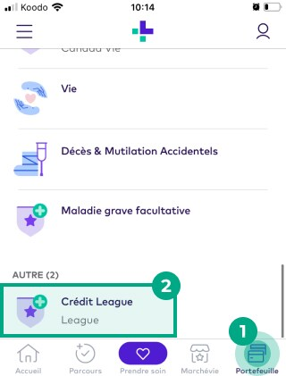 écran de portefeuille sur l'application League avec les boutons de portefeuille et de crédit de ligue en surbrillance