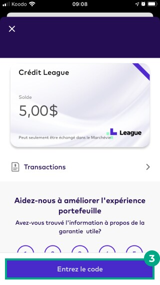 écran de crédit de ligue sur l'application League avec le code d'entrée en surbrillance