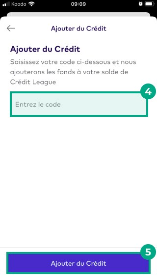 Ajoutez du crédit à l'écran du solde de crédit de la ligue sur l'application League avec le bouton d'ajout de crédit en surbrillance