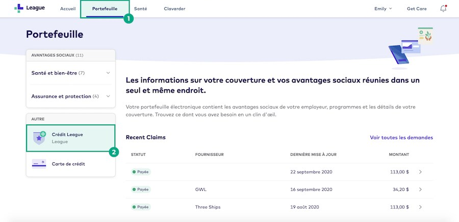 Écran du portefeuille sur le site Web de la ligue avec les boutons de crédit du portefeuille et de la ligue mis en évidence